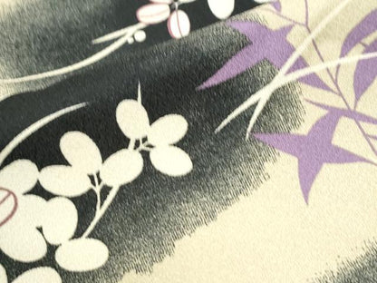 平和屋着物●小紋　草花文　黒地　洗える着物　CABM4098yc