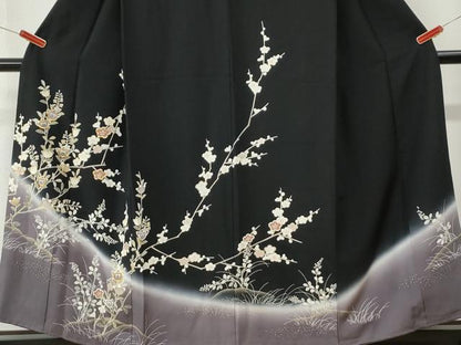平和屋着物●訪問着　駒刺繍　枝橘梅花文　暈し染め　黒地　金彩　正絹　逸品　CABM4109yc