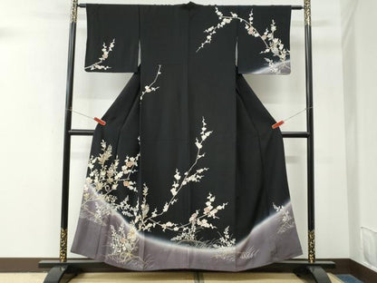 平和屋着物●訪問着　駒刺繍　枝橘梅花文　暈し染め　黒地　金彩　正絹　逸品　CABM4109yc