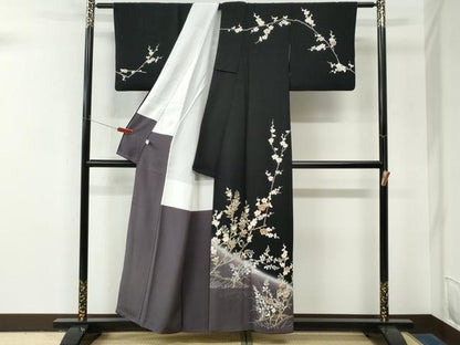 平和屋着物●訪問着　駒刺繍　枝橘梅花文　暈し染め　黒地　金彩　正絹　逸品　CABM4109yc
