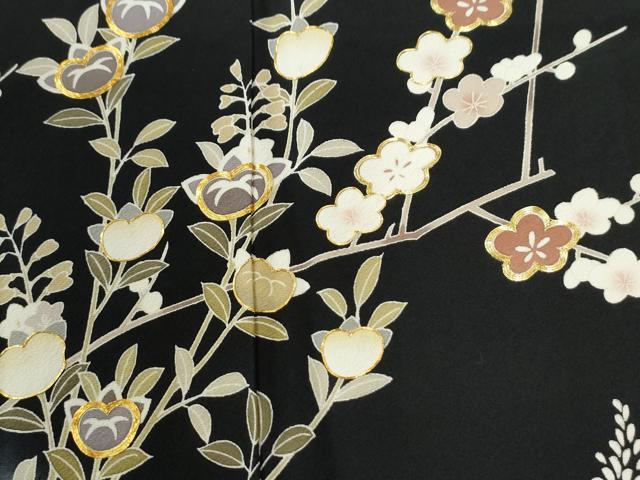 平和屋着物●訪問着　駒刺繍　枝橘梅花文　暈し染め　黒地　金彩　正絹　逸品　CABM4109yc