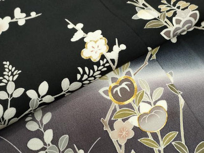 平和屋着物●訪問着　駒刺繍　枝橘梅花文　暈し染め　黒地　金彩　正絹　逸品　CABM4109yc