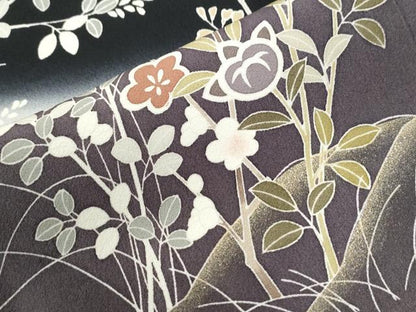 平和屋着物●訪問着　駒刺繍　枝橘梅花文　暈し染め　黒地　金彩　正絹　逸品　CABM4109yc