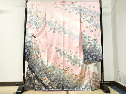 平和屋着物●写真家・秋山庄太郎　振袖　駒刺繍　花蝶文　暈し染め　金銀彩　正絹　逸品　CABM4137yc