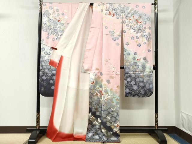 平和屋着物●写真家・秋山庄太郎　振袖　駒刺繍　花蝶文　暈し染め　金銀彩　正絹　逸品　CABM4137yc