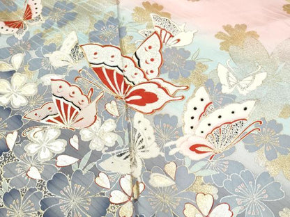 平和屋着物●写真家・秋山庄太郎　振袖　駒刺繍　花蝶文　暈し染め　金銀彩　正絹　逸品　CABM4137yc