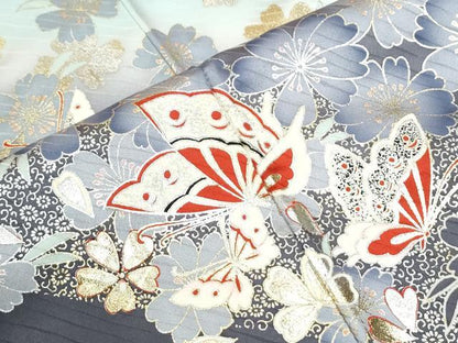 平和屋着物●写真家・秋山庄太郎　振袖　駒刺繍　花蝶文　暈し染め　金銀彩　正絹　逸品　CABM4137yc