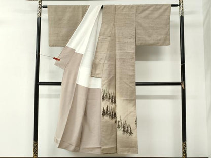 平和屋着物●色留訪問着　紬地　手描き　樹林文　正絹　逸品　CABM4149yc