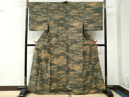 平和屋着物●上質な小紋　紬地　絞り　型染め　霞草花文　正絹　逸品　CABM4168yc
