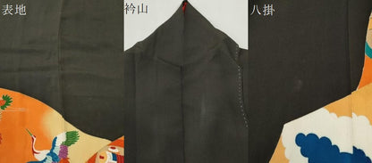 平和屋本店●アンティーク　大正ロマン　振袖　檜扇鼓飛鶴花松文　黒地　金彩　正絹　逸品　CABM4181yc