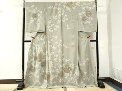 平和屋着物●中国三大刺繍　相良刺繍　訪問着　絞り　雪輪草花文　金糸　仮絵羽　正絹　逸品　未使用　CABM4196yc