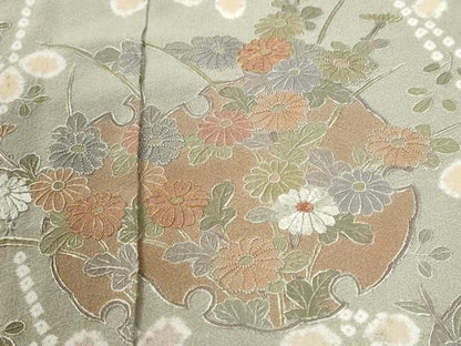平和屋着物●中国三大刺繍　相良刺繍　訪問着　絞り　雪輪草花文　金糸　仮絵羽　正絹　逸品　未使用　CABM4196yc