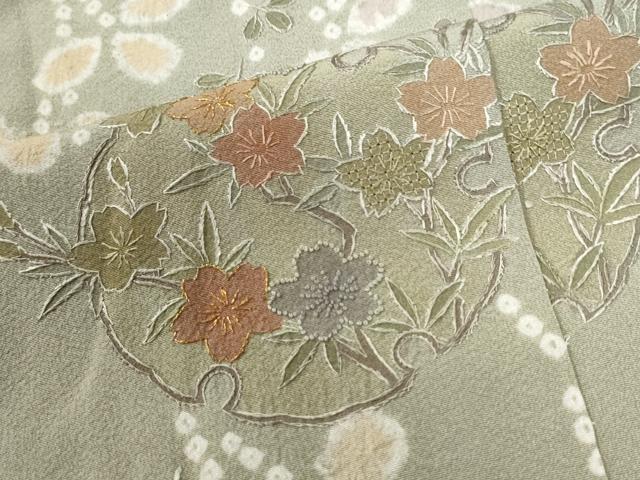 平和屋着物●中国三大刺繍　相良刺繍　訪問着　絞り　雪輪草花文　金糸　仮絵羽　正絹　逸品　未使用　CABM4196yc
