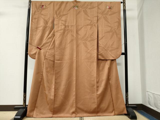 平和屋着物●豪華振袖　色無地　枝葉地紋　江戸茶色　正絹　逸品　CABM4225yc