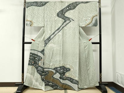 平和屋着物●訪問着　絞り　刺繍　金嚢　芝草花文　金彩　正絹　逸品　CABM4253yc