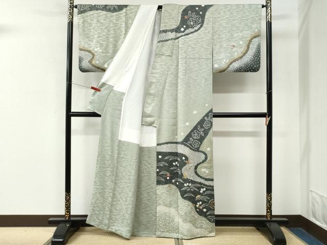 平和屋着物●訪問着　絞り　刺繍　金嚢　芝草花文　金彩　正絹　逸品　CABM4253yc
