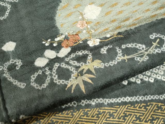 平和屋着物●訪問着　絞り　刺繍　金嚢　芝草花文　金彩　正絹　逸品　CABM4253yc