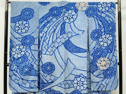 平和屋着物●豪華振袖　総絞り　駒刺繍　熨斗吉祥舞花文　正絹　逸品　CABM4262yc