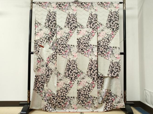 平和屋着物●豪華振袖　切嵌牡丹梅花文　黒地　金彩　正絹　逸品　CABM4269yc