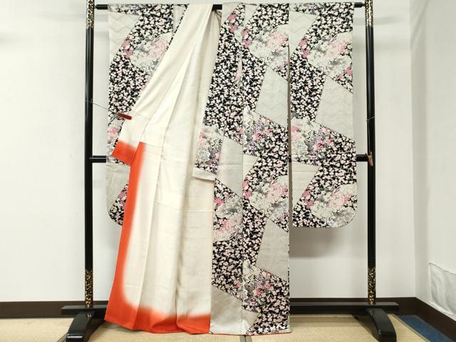 平和屋着物●豪華振袖　切嵌牡丹梅花文　黒地　金彩　正絹　逸品　CABM4269yc