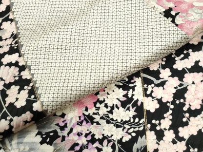 平和屋着物●豪華振袖　切嵌牡丹梅花文　黒地　金彩　正絹　逸品　CABM4269yc