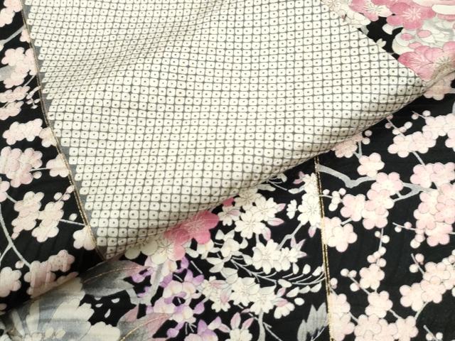 平和屋着物●豪華振袖　切嵌牡丹梅花文　黒地　金彩　正絹　逸品　CABM4269yc