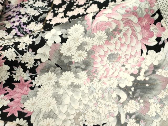 平和屋着物●豪華振袖　切嵌牡丹梅花文　黒地　金彩　正絹　逸品　CABM4269yc