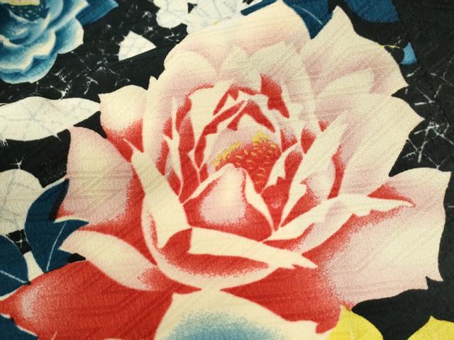 平和屋着物●小振袖　二尺袖　薔薇　黒地　洗える着物　CABM4272yc