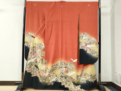 平和屋着物●豪華振袖　幾久重袖　飛鶴檜扇御所車花松文　暈し染め　金彩　正絹　逸品　CABM4275yc