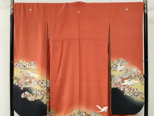 平和屋着物●豪華振袖　幾久重袖　飛鶴檜扇御所車花松文　暈し染め　金彩　正絹　逸品　CABM4275yc