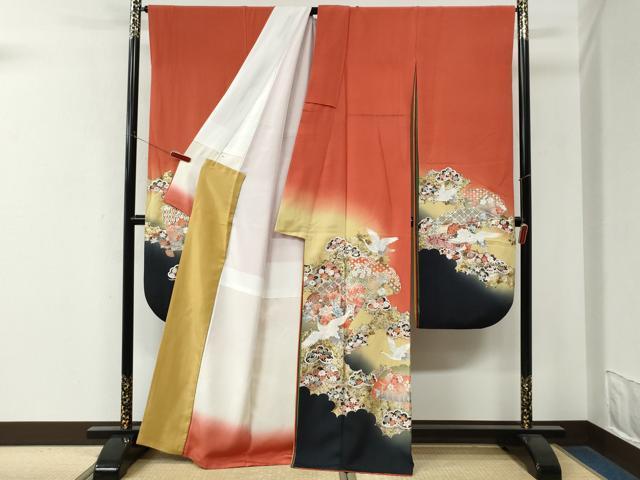 平和屋着物●豪華振袖　幾久重袖　飛鶴檜扇御所車花松文　暈し染め　金彩　正絹　逸品　CABM4275yc