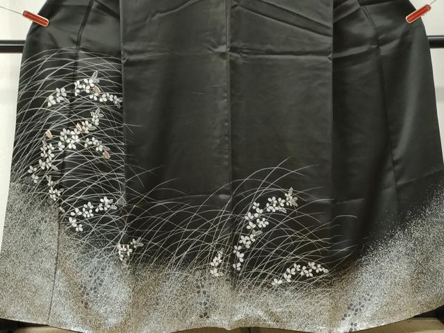 平和屋着物●訪問着　刺繍　花蝶文　黒地　金彩　正絹　逸品　CABM4284yc