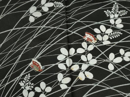 平和屋着物●訪問着　刺繍　花蝶文　黒地　金彩　正絹　逸品　CABM4284yc
