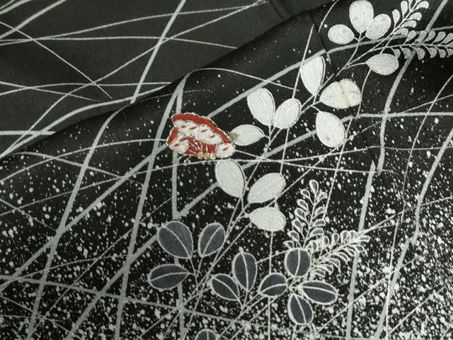平和屋着物●訪問着　刺繍　花蝶文　黒地　金彩　正絹　逸品　CABM4284yc