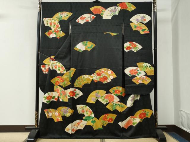 平和屋着物●豪華振袖　刺繍　地紙枝花文　黒地　金彩　正絹　逸品　CABM4290yc