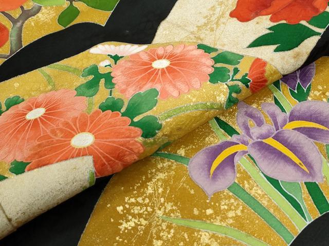 平和屋着物●豪華振袖　刺繍　地紙枝花文　黒地　金彩　正絹　逸品　CABM4290yc