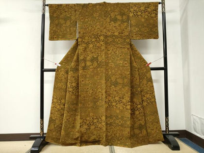 平和屋着物●上質な小紋　型染め　檜扇花蝶文　鬼しぼ縮緬　正絹　逸品　CABM4294yc