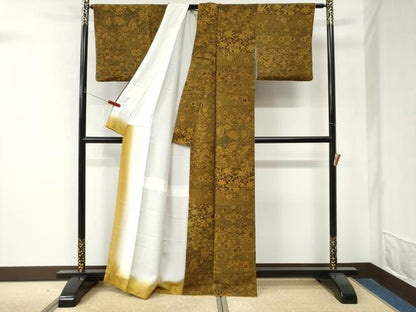 平和屋着物●上質な小紋　型染め　檜扇花蝶文　鬼しぼ縮緬　正絹　逸品　CABM4294yc