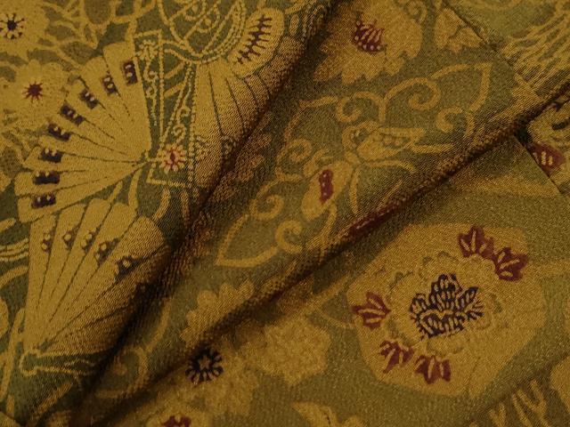 平和屋着物●上質な小紋　型染め　檜扇花蝶文　鬼しぼ縮緬　正絹　逸品　CABM4294yc