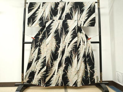 平和屋着物●上質な小紋　草花文　黒地　金彩　鈴乃屋扱い　正絹　逸品　CABM4295yc