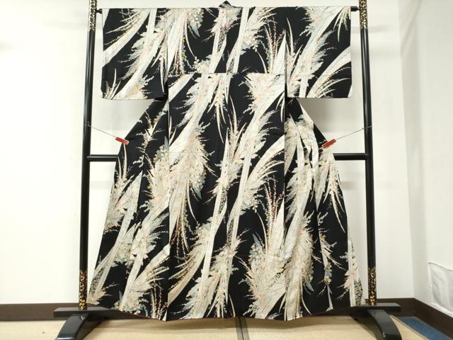 平和屋着物●上質な小紋　草花文　黒地　金彩　鈴乃屋扱い　正絹　逸品　CABM4295yc