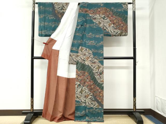 平和屋着物●手差し紅型作家　西岡都巳二　訪問着　花鳥唐草文　鬼しぼ縮緬　正絹　逸品　CABM4301yc