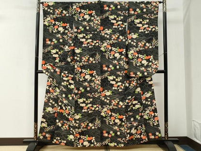 平和屋着物●豪華振袖　立波草花文　黒地　正絹　逸品　CABM4306yc