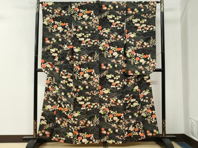 平和屋着物●豪華振袖　立波草花文　黒地　正絹　逸品　CABM4306yc