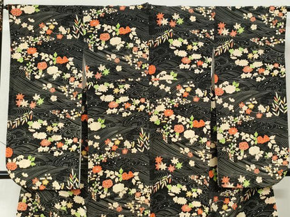 平和屋着物●豪華振袖　立波草花文　黒地　正絹　逸品　CABM4306yc