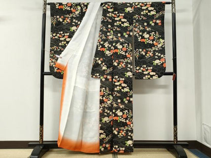 平和屋着物●豪華振袖　立波草花文　黒地　正絹　逸品　CABM4306yc