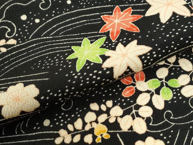 平和屋着物●豪華振袖　立波草花文　黒地　正絹　逸品　CABM4306yc