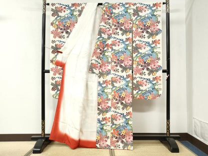 平和屋着物●本場琉球紅型　振袖　立波舞桜文　正絹　逸品　CABM4327yc