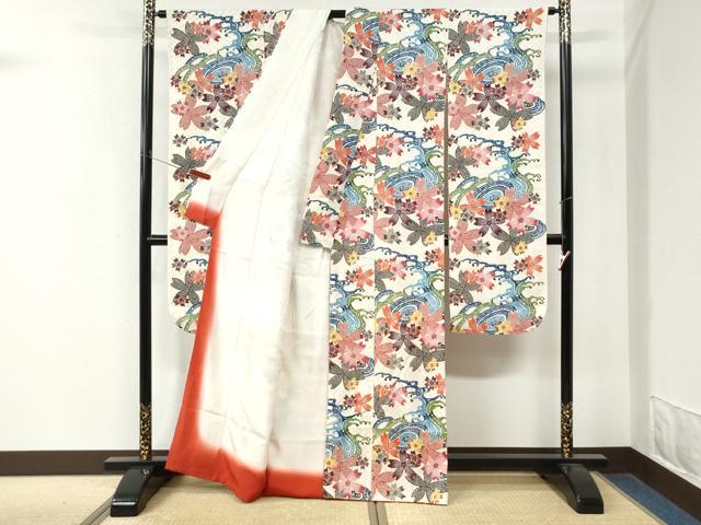 平和屋着物●本場琉球紅型　振袖　立波舞桜文　正絹　逸品　CABM4327yc