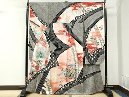 平和屋着物●豪華振袖　絞り　孔雀花車文　暈し染め　黒地　金彩　正絹　逸品　CABM4344yc